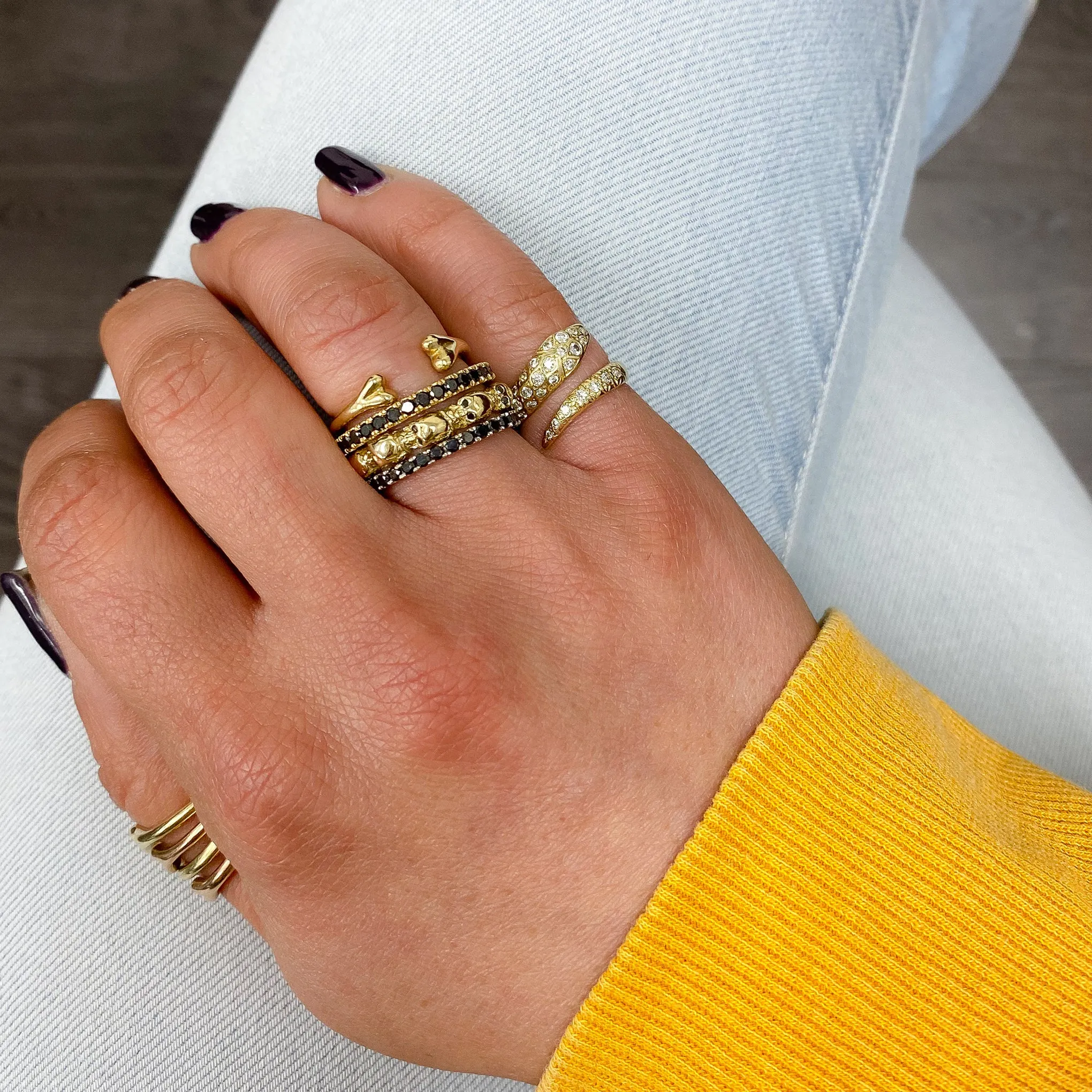14K Gold Black Diamond Eternal Skulls Ring