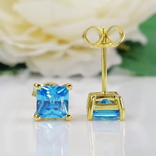 18k Gold Plated Lake Blue Created Topaz Stud Earrings