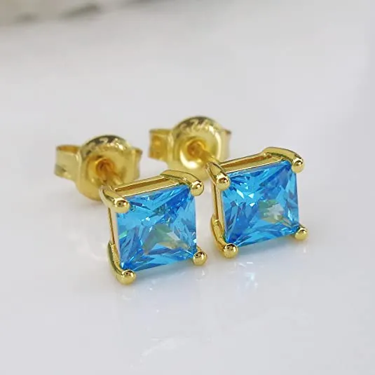 18k Gold Plated Lake Blue Created Topaz Stud Earrings