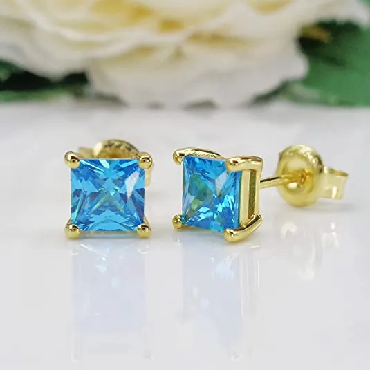 18k Gold Plated Lake Blue Created Topaz Stud Earrings