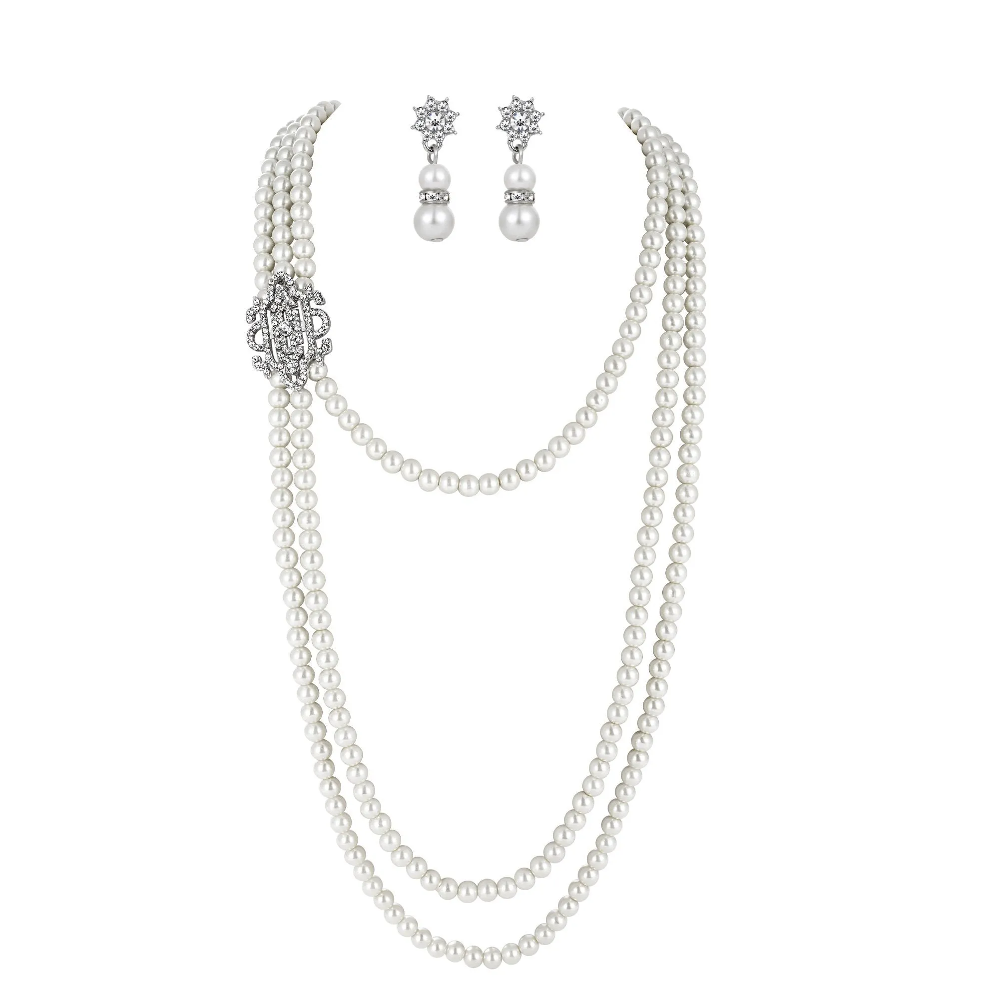 1920s Jewelry Flapper Great Gatsby Imitation Pearl Necklace and Earrings|JaosWish