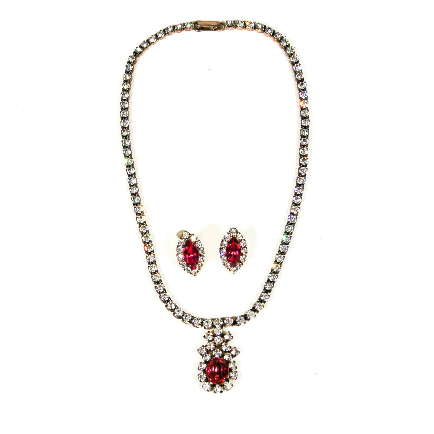1940's Pink Rhinestone Necklace and Earrings Set