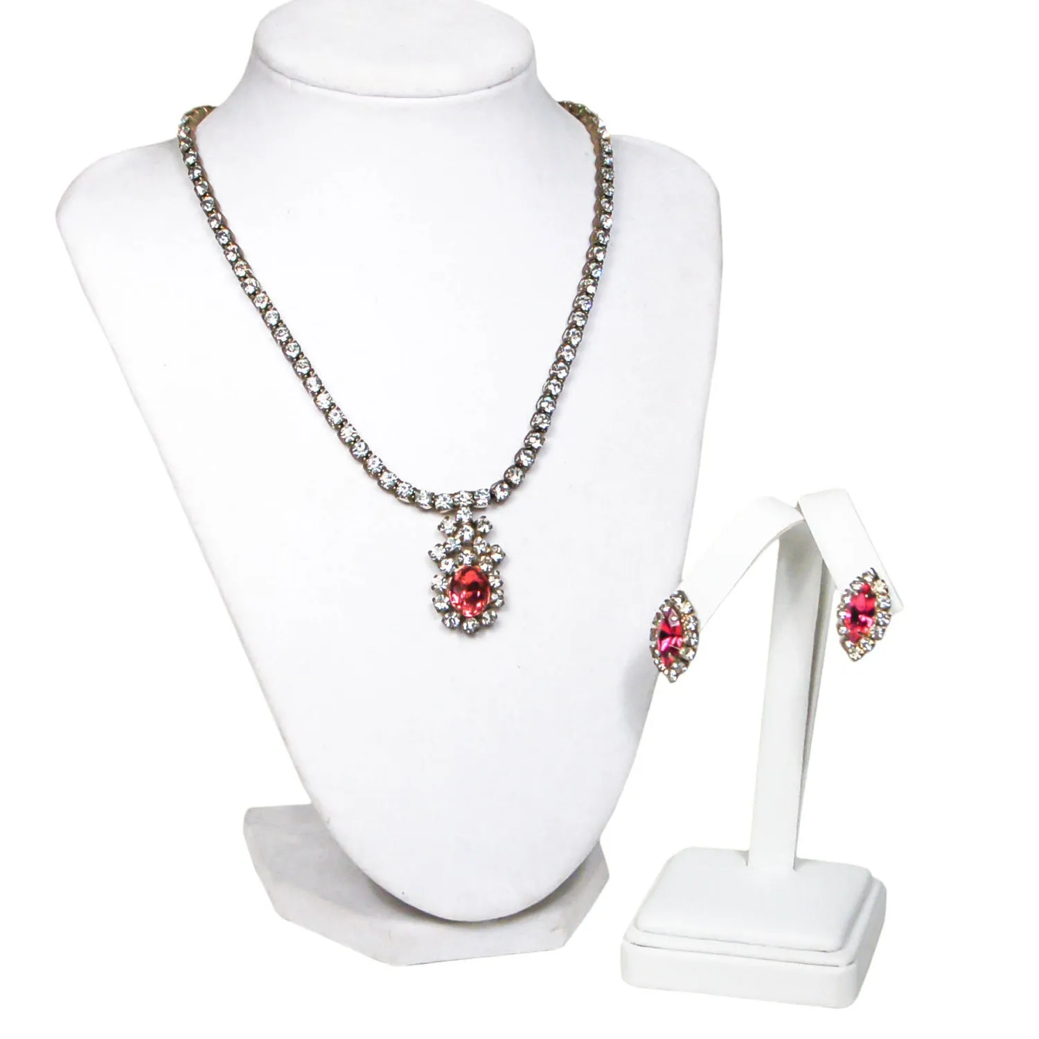 1940's Pink Rhinestone Necklace and Earrings Set