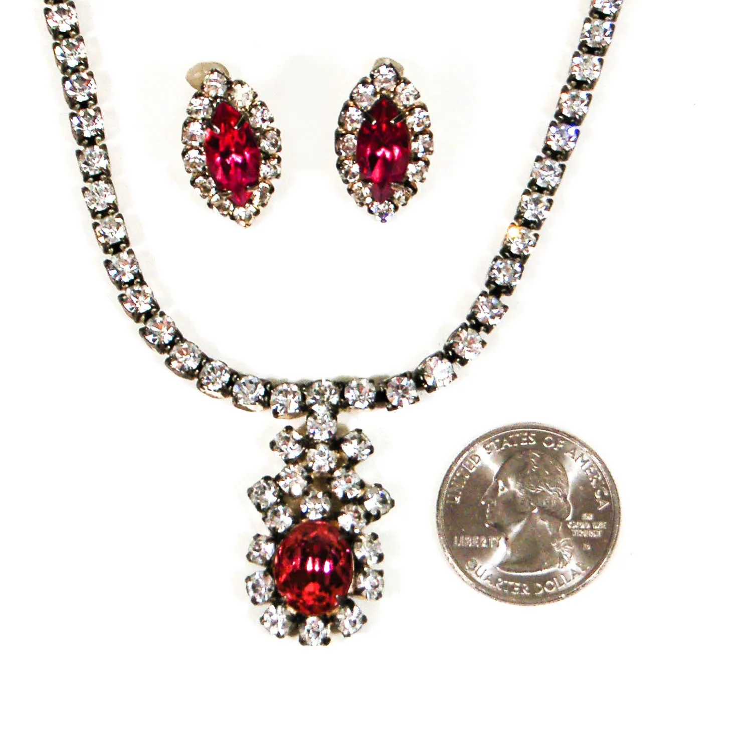 1940's Pink Rhinestone Necklace and Earrings Set