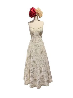 1950s Floral Embroidered Strapless Gown