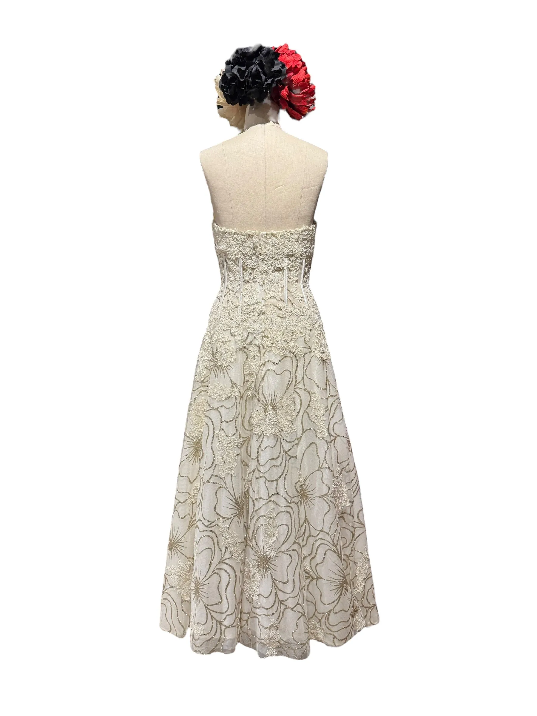 1950s Floral Embroidered Strapless Gown