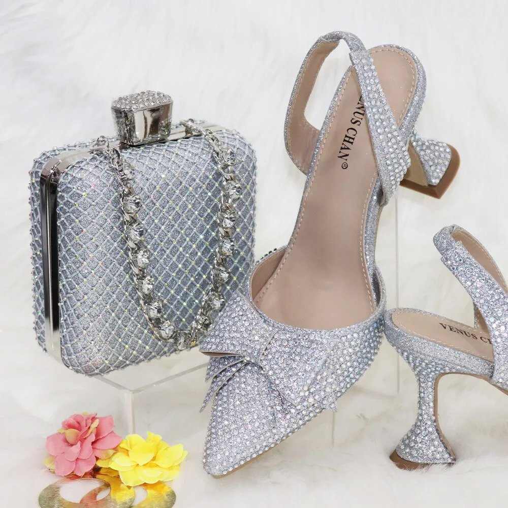 2023 New Arrivals Special Design Purple Color African Women Shoes and Bag Set Pointed Toe Pumps for Wedding Party