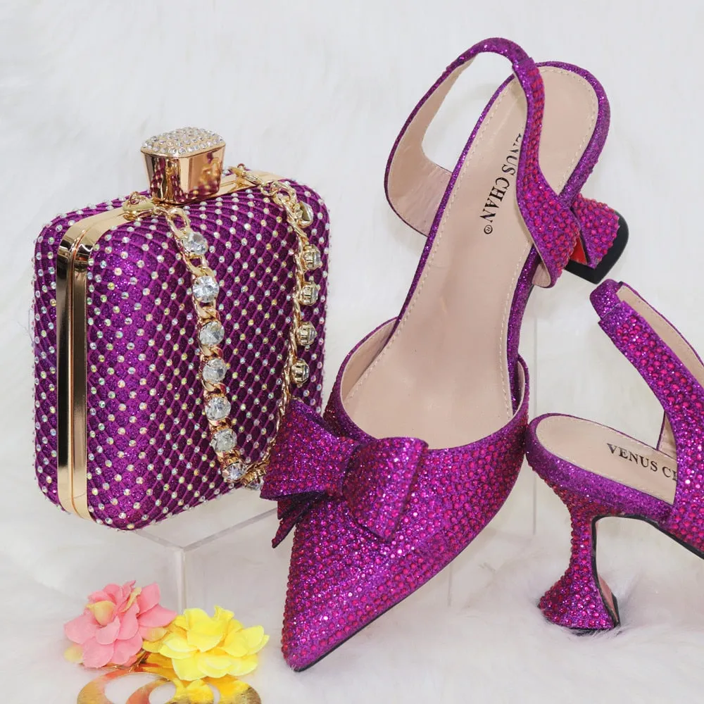 2023 New Arrivals Special Design Purple Color African Women Shoes and Bag Set Pointed Toe Pumps for Wedding Party