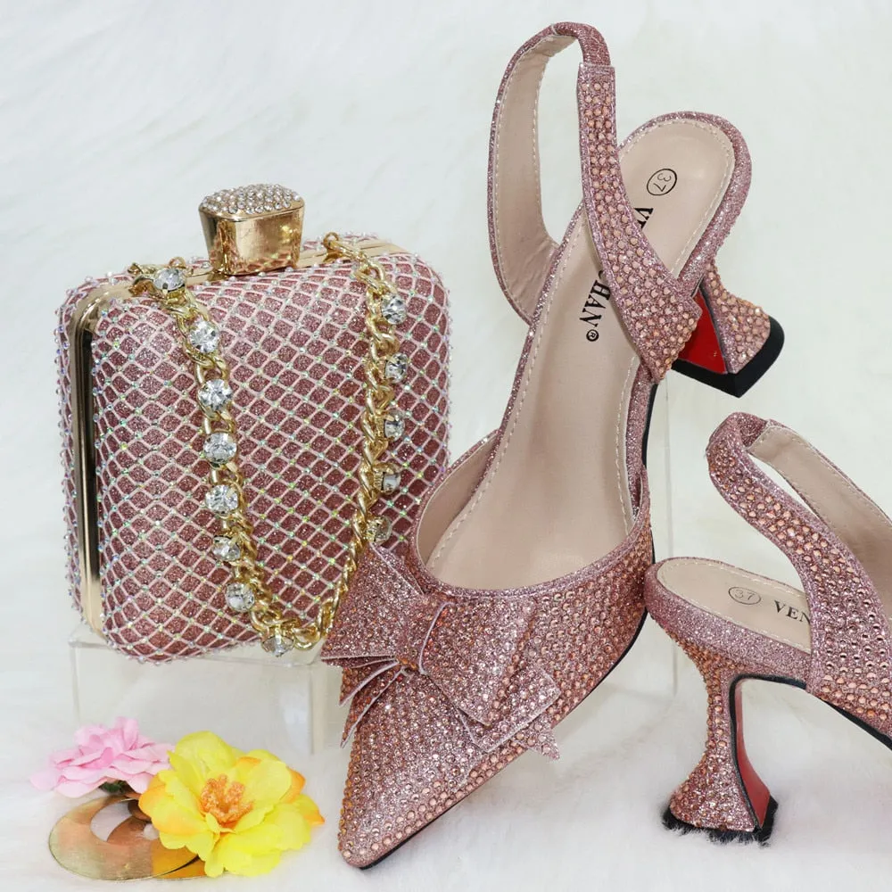 2023 New Arrivals Special Design Purple Color African Women Shoes and Bag Set Pointed Toe Pumps for Wedding Party