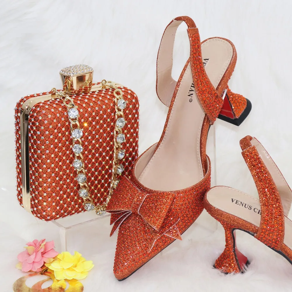 2023 New Arrivals Special Design Purple Color African Women Shoes and Bag Set Pointed Toe Pumps for Wedding Party