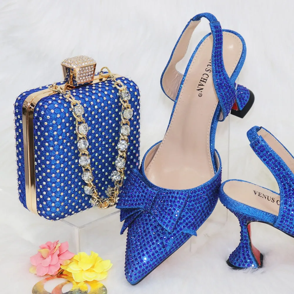 2023 New Arrivals Special Design Purple Color African Women Shoes and Bag Set Pointed Toe Pumps for Wedding Party