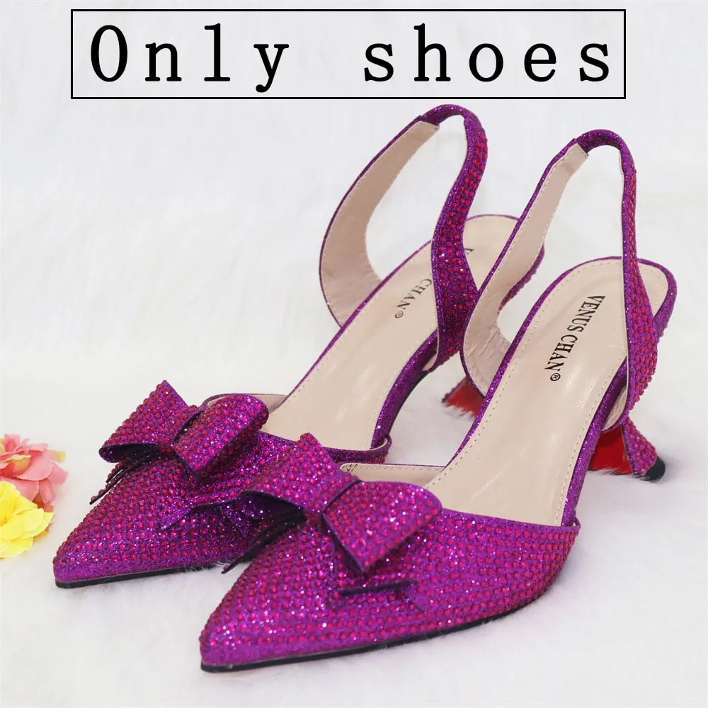 2023 New Arrivals Special Design Purple Color African Women Shoes and Bag Set Pointed Toe Pumps for Wedding Party