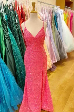 2024 Hot Pink V Neck Sequins Long Prom Dresses Crossed Back Mermaid with Slit