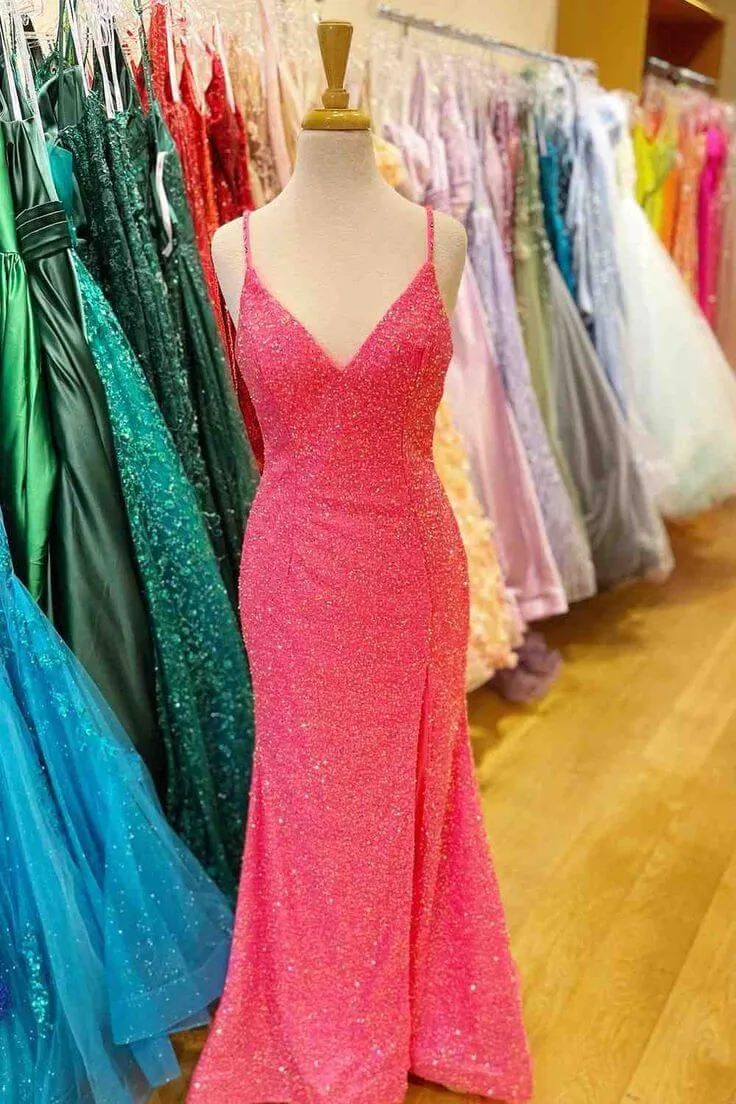2024 Hot Pink V Neck Sequins Long Prom Dresses Crossed Back Mermaid with Slit