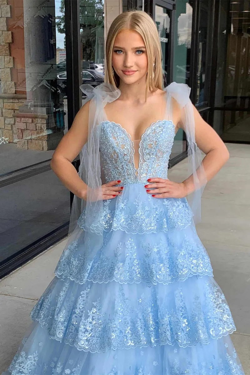 2025 Light Blue Layered Prom Dress Tiered Tie Staps Plunging Neck