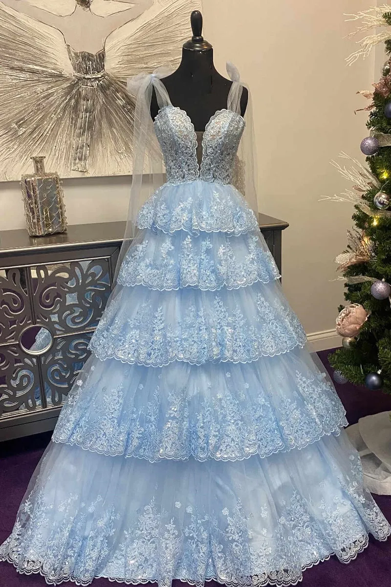 2025 Light Blue Layered Prom Dress Tiered Tie Staps Plunging Neck