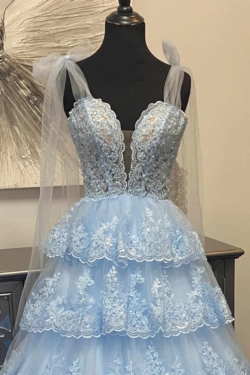 2025 Light Blue Layered Prom Dress Tiered Tie Staps Plunging Neck