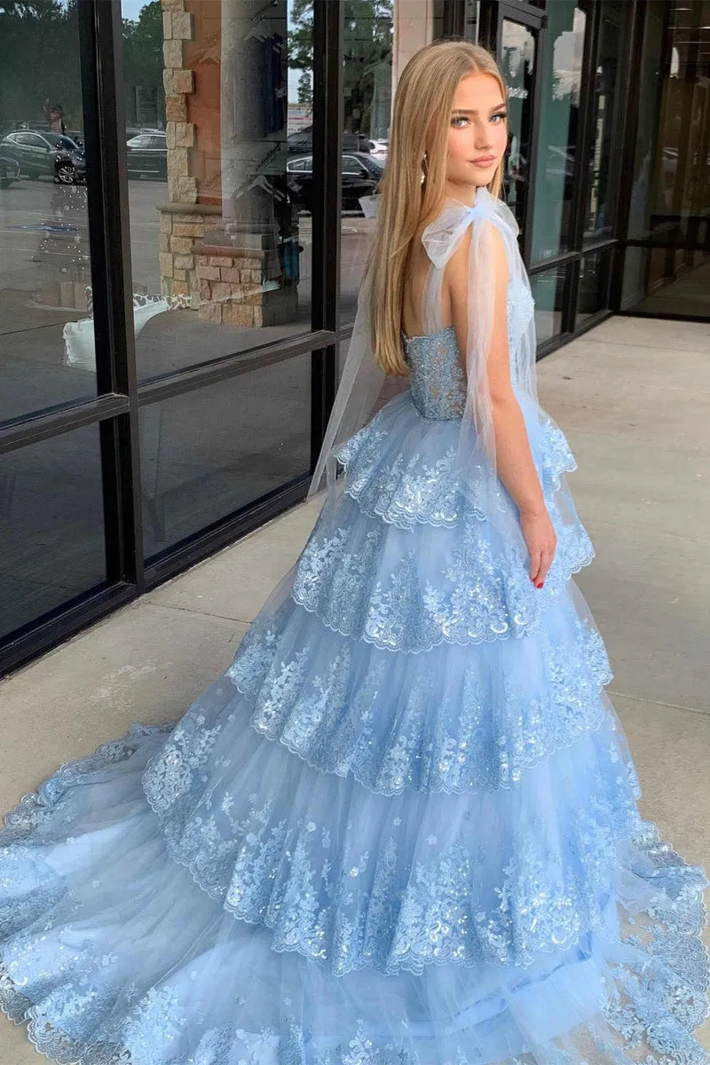 2025 Light Blue Layered Prom Dress Tiered Tie Staps Plunging Neck