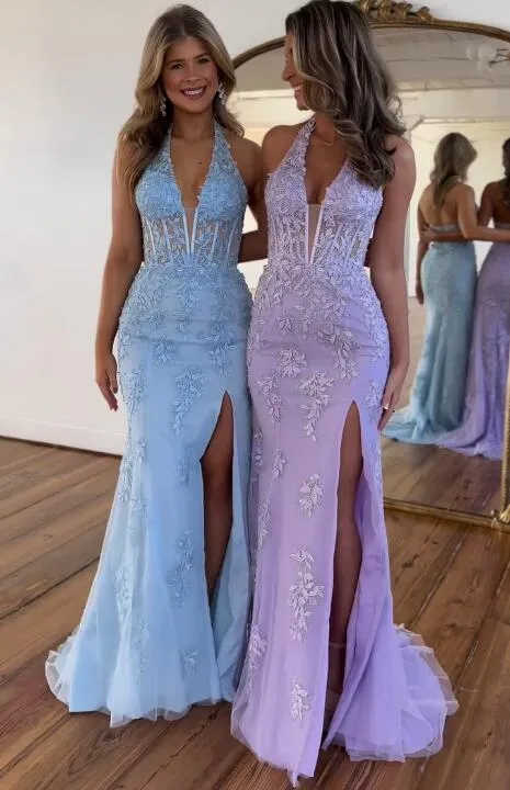 2025 Long Lace Prom Dress Violet purple Halter Evening Gown Fitted Slit