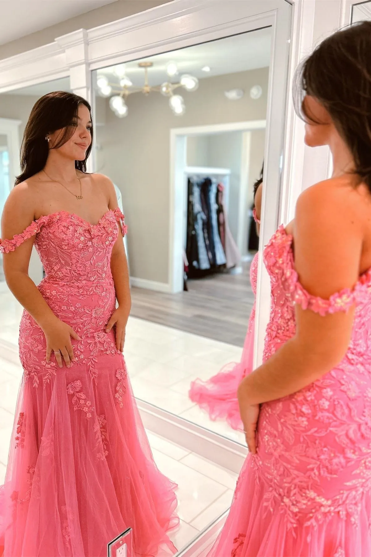 2025 Pink Floral Lace Formal Dresses Mermaid Off-Shoulder