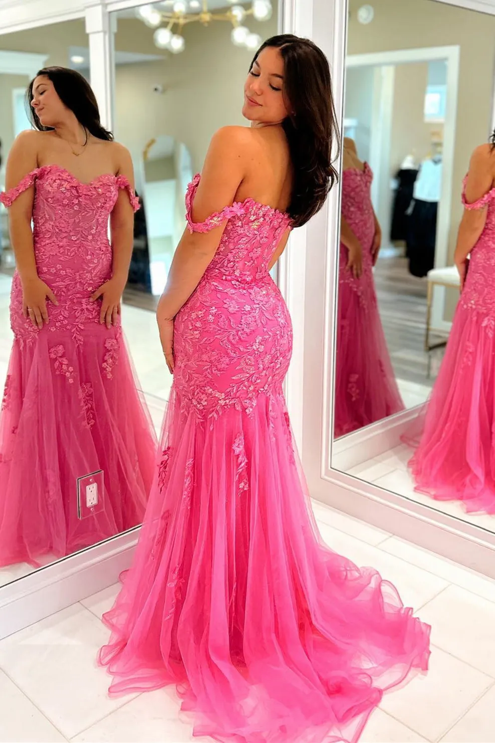 2025 Pink Floral Lace Formal Dresses Mermaid Off-Shoulder