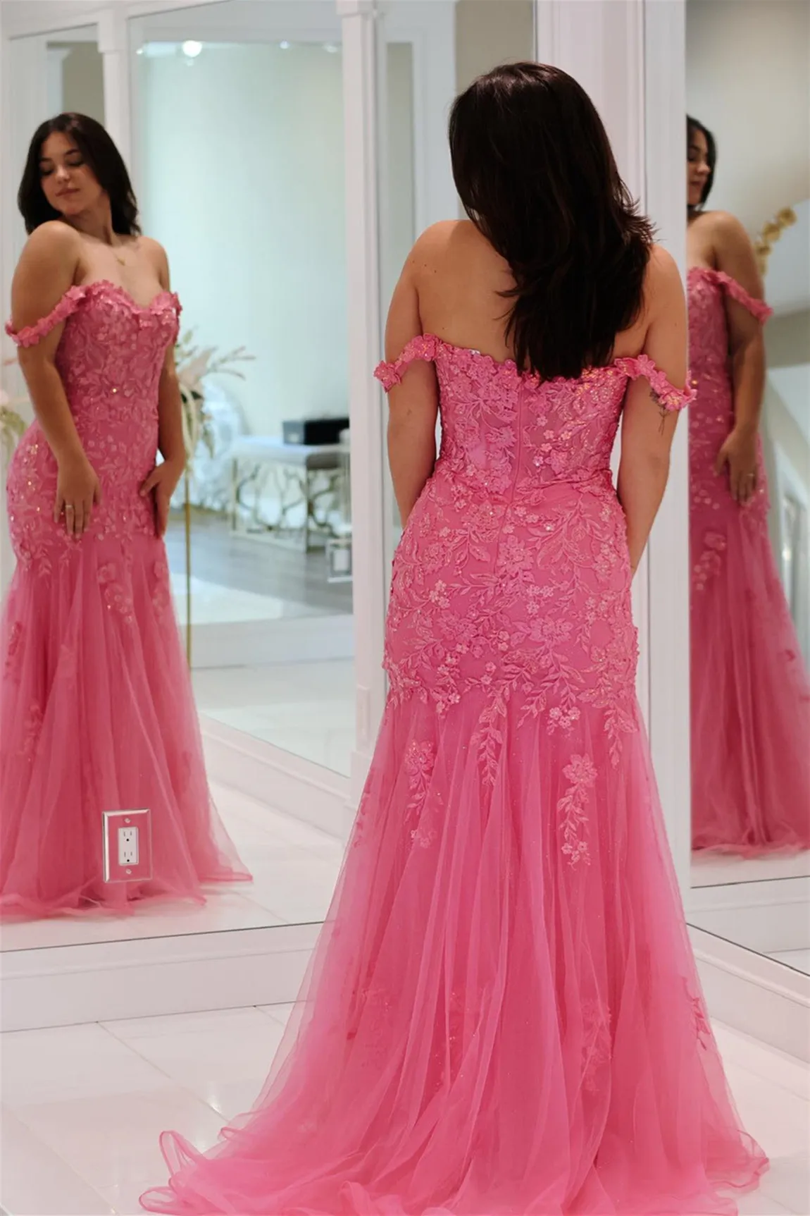2025 Pink Floral Lace Formal Dresses Mermaid Off-Shoulder