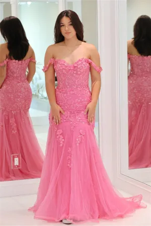 2025 Pink Floral Lace Formal Dresses Mermaid Off-Shoulder