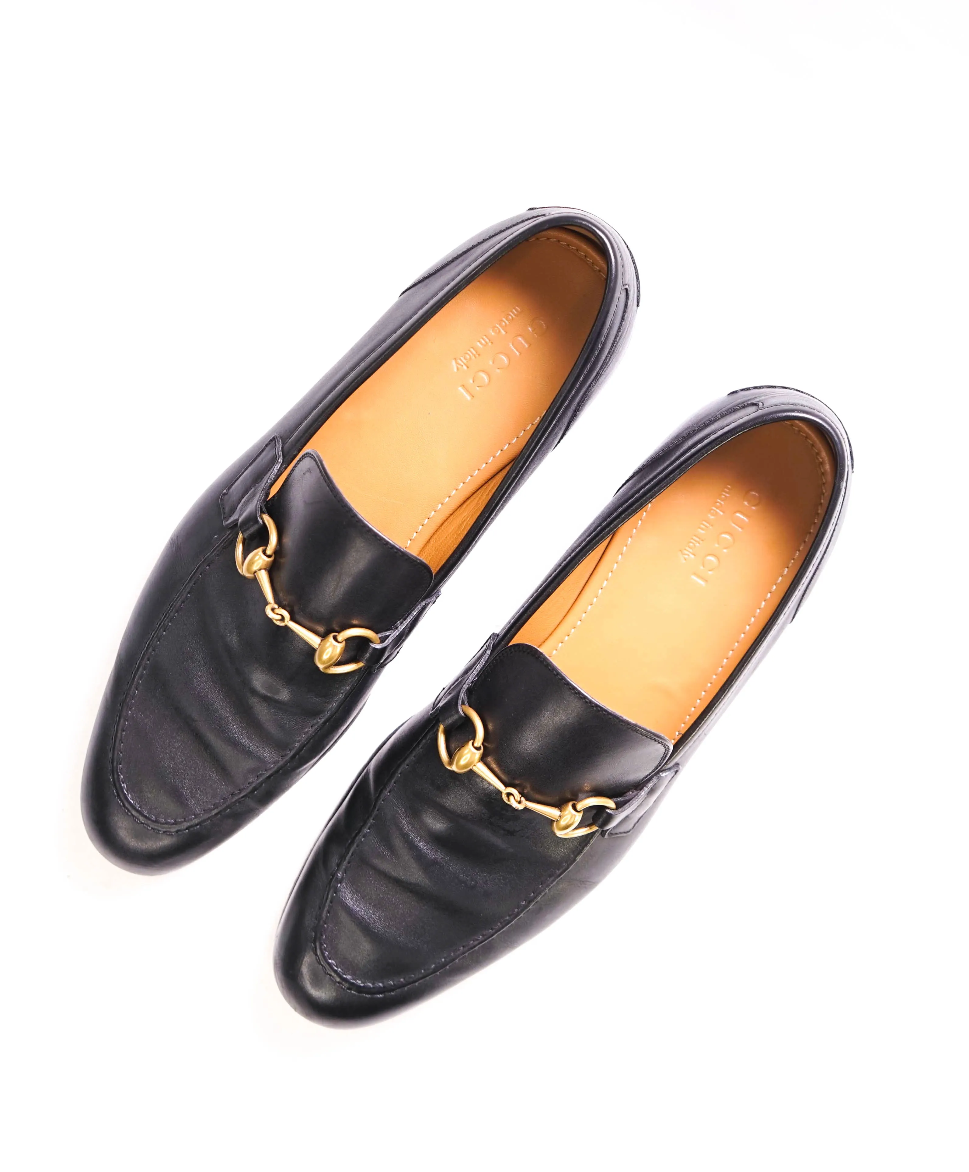 $920 GUCCI - "JORDAAN" Black/Gold ICONIC Horsebit Leather Loafers - 10.5US (10G)