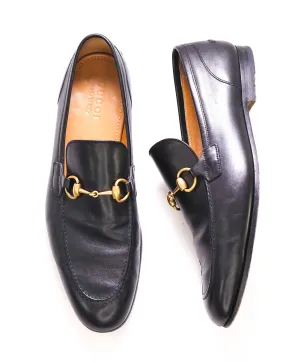 $920 GUCCI - "JORDAAN" Black/Gold ICONIC Horsebit Leather Loafers - 10.5US (10G)
