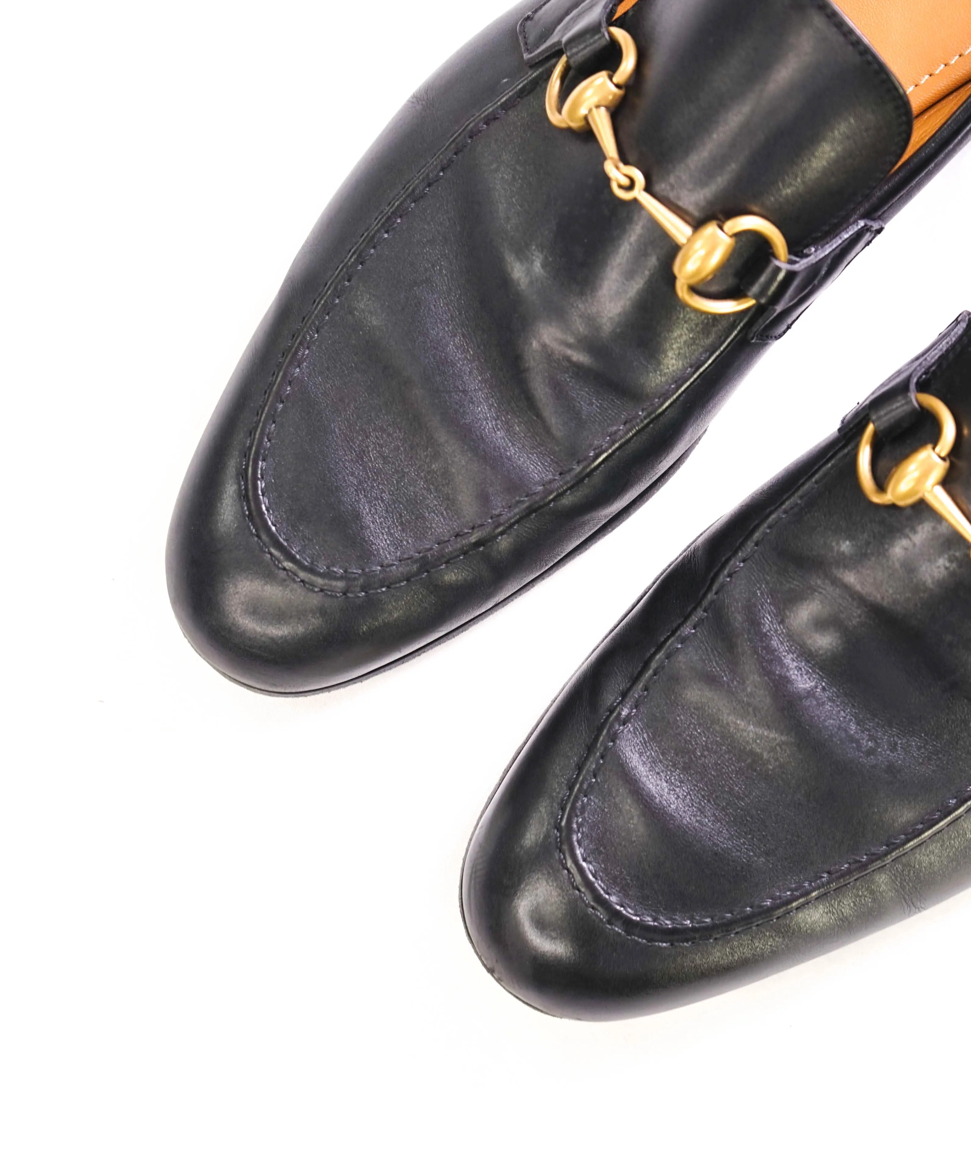 $920 GUCCI - "JORDAAN" Black/Gold ICONIC Horsebit Leather Loafers - 10.5US (10G)