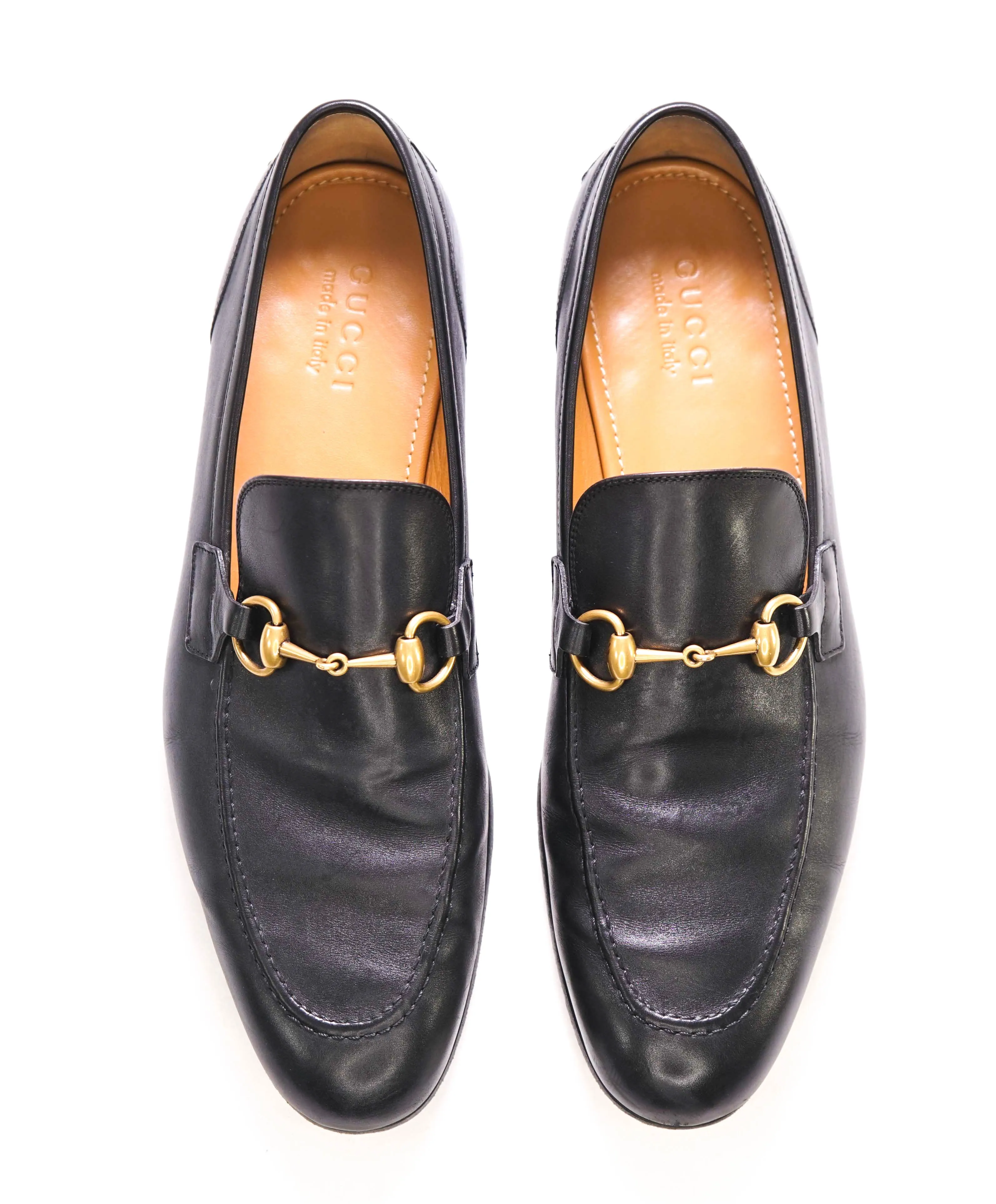 $920 GUCCI - "JORDAAN" Black/Gold ICONIC Horsebit Leather Loafers - 10.5US (10G)