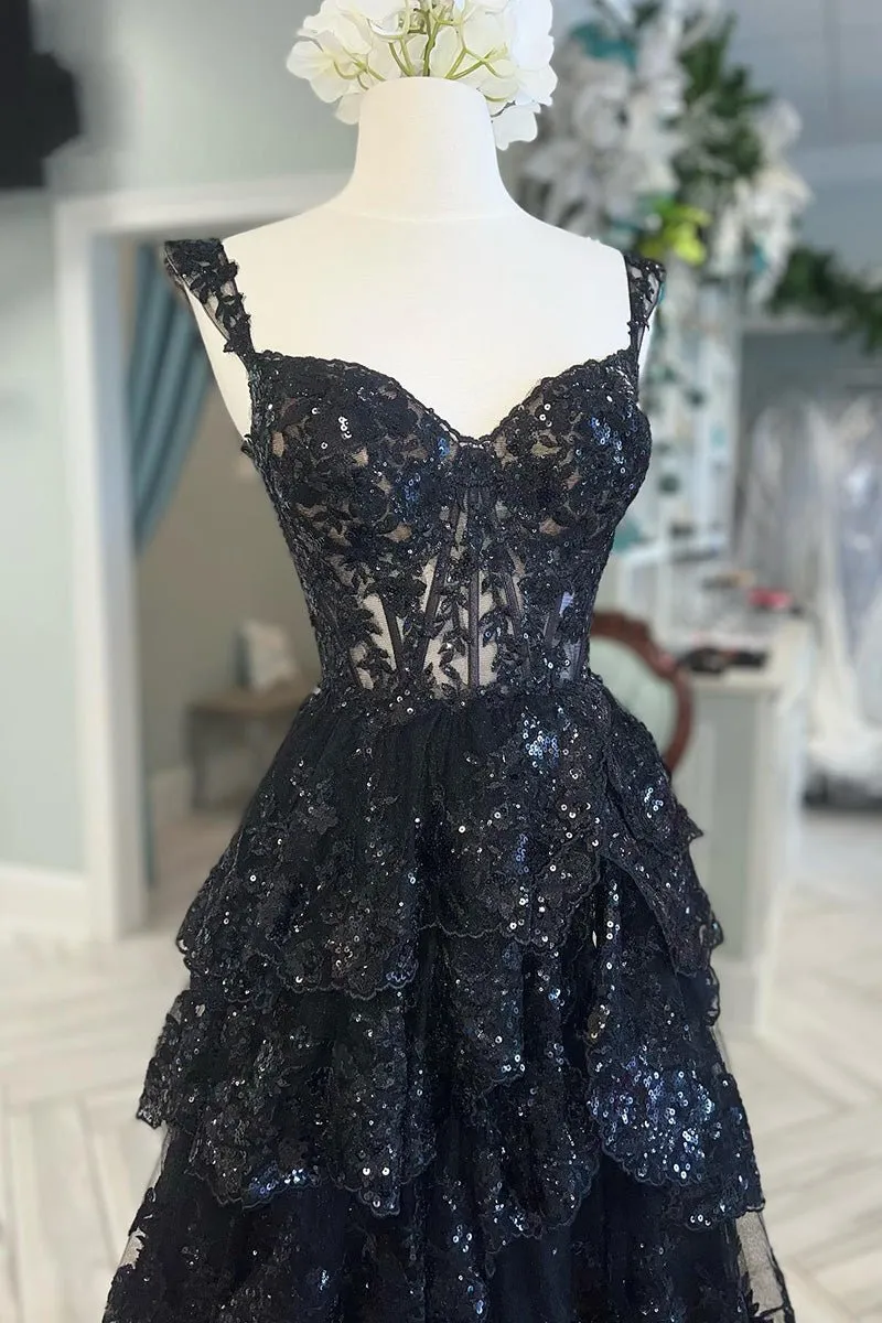 A Line Black Lace 2025 Prom Dresses Tiered Sequins Off the shoulder