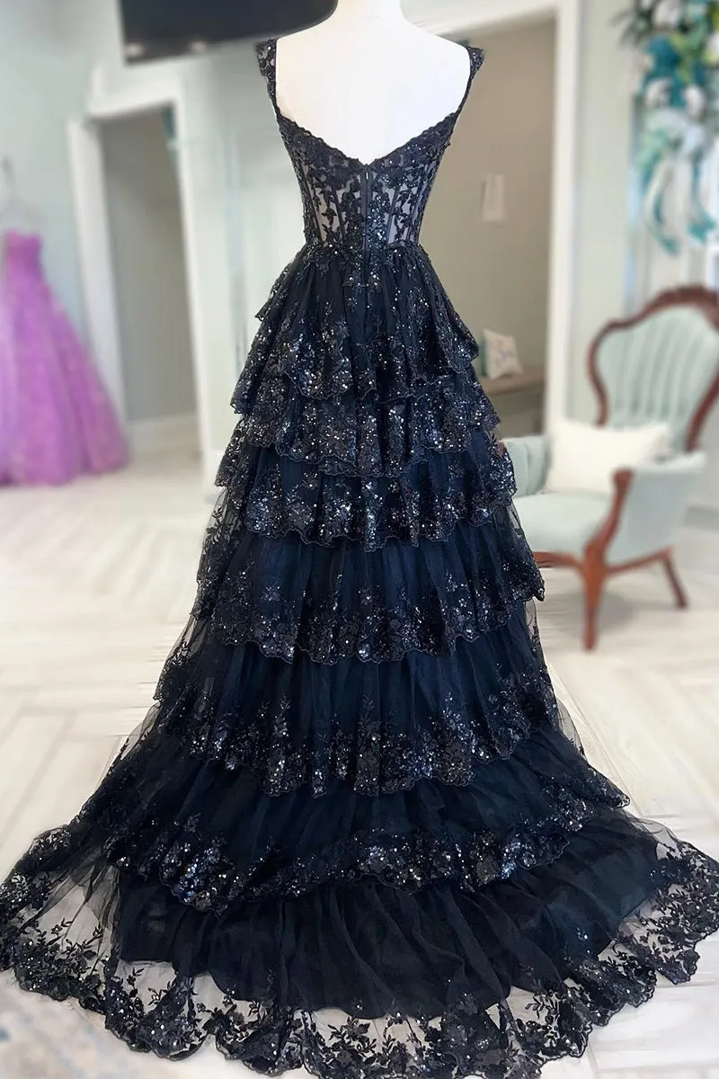 A Line Black Lace 2025 Prom Dresses Tiered Sequins Off the shoulder