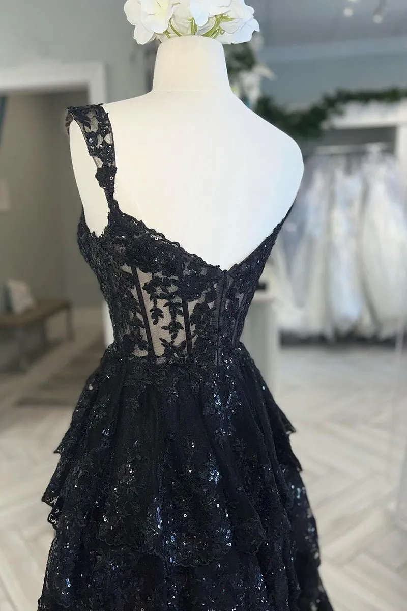 A Line Black Lace 2025 Prom Dresses Tiered Sequins Off the shoulder
