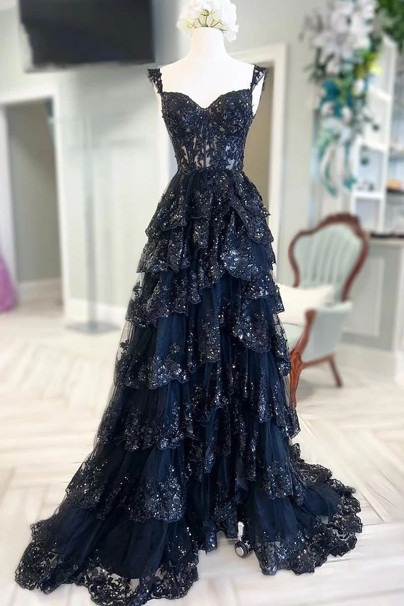 A Line Black Lace 2025 Prom Dresses Tiered Sequins Off the shoulder