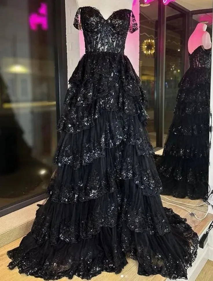 A Line Black Lace 2025 Prom Dresses Tiered Sequins Off the shoulder