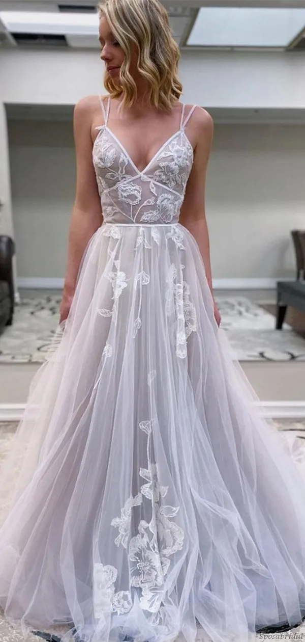 A-line Fashion V-Neck Spaghetti Straps Tulle Long Prom Dresses PD2397