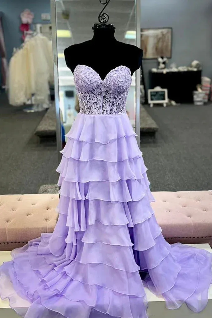A-Line Long Corset Royal Blue Tiered Formal Dresses