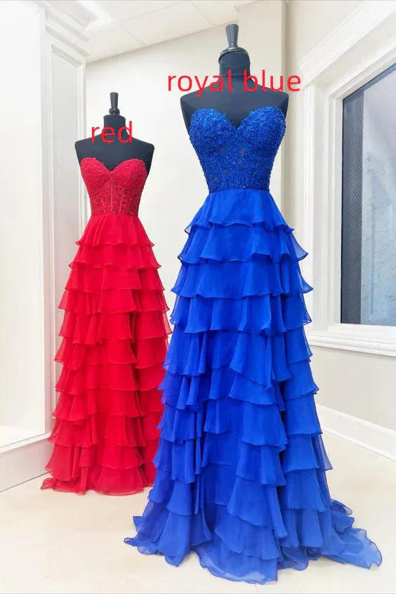 A-Line Long Corset Royal Blue Tiered Formal Dresses