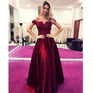 A-line Off the Shoulder Satin Burgundy Elegant Modest Formal Prom Dresses  PD1722