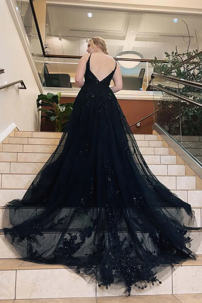 A-Line Plus Size Black 2025 Prom Dresses Lace Spaghetti Straps Tulle Formal Dress
