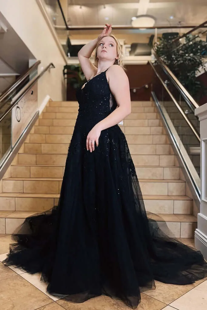 A-Line Plus Size Black 2025 Prom Dresses Lace Spaghetti Straps Tulle Formal Dress