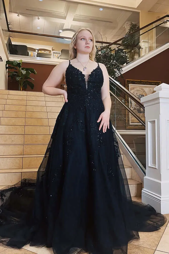 A-Line Plus Size Black 2025 Prom Dresses Lace Spaghetti Straps Tulle Formal Dress