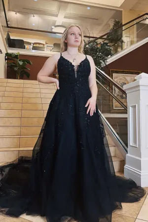 A-Line Plus Size Black 2025 Prom Dresses Lace Spaghetti Straps Tulle Formal Dress