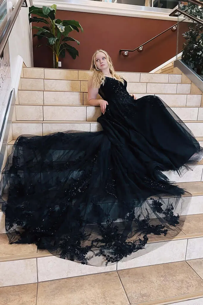 A-Line Plus Size Black 2025 Prom Dresses Lace Spaghetti Straps Tulle Formal Dress