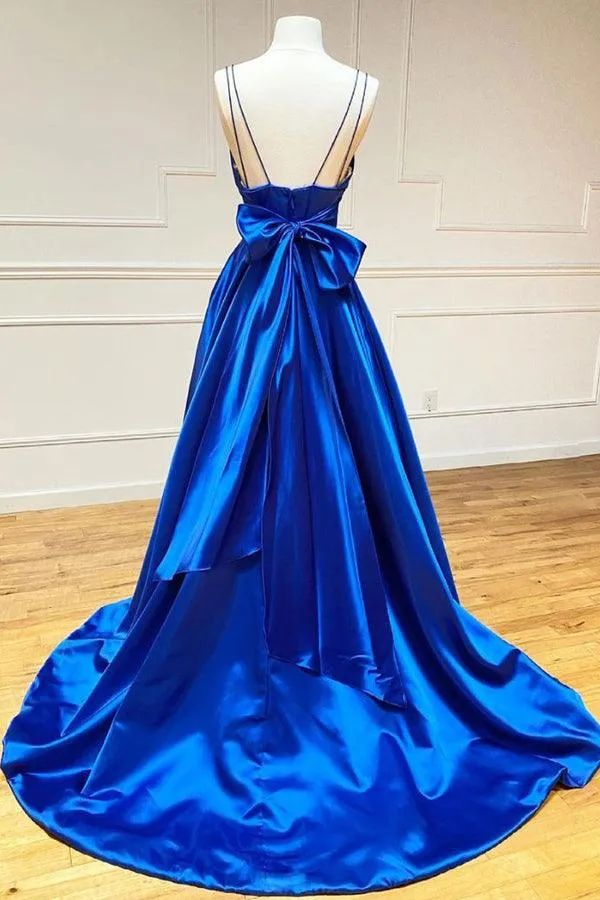 A-line Satin V Neck Royal Blue Prom Dresses Evening Dresses TP1024