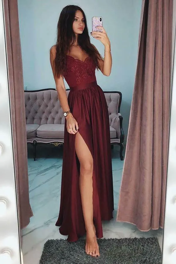 A-Line Spaghetti Straps Long Burgundy Prom Party Dress with Lace Sequins TP0913