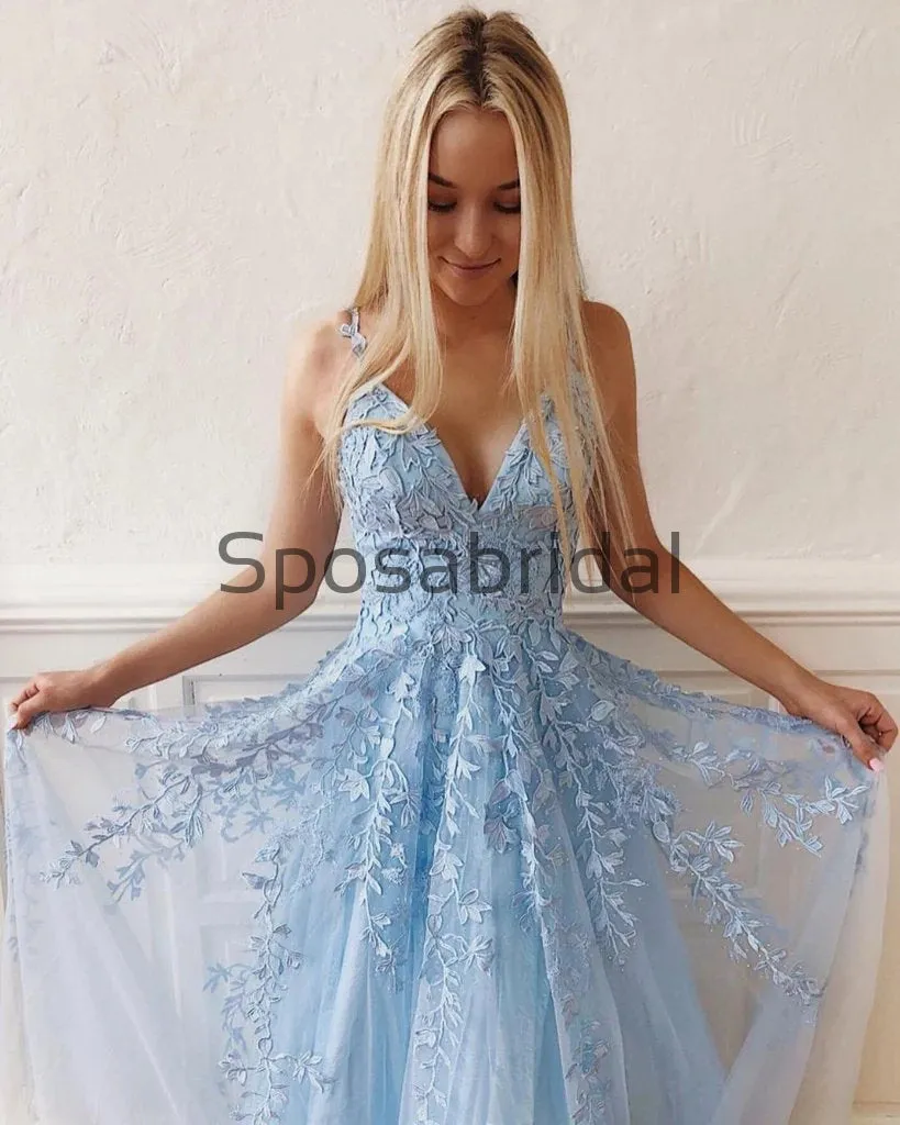 A-line Straps Blue Lace Long Elegant Modest Prom Dresses PD2263