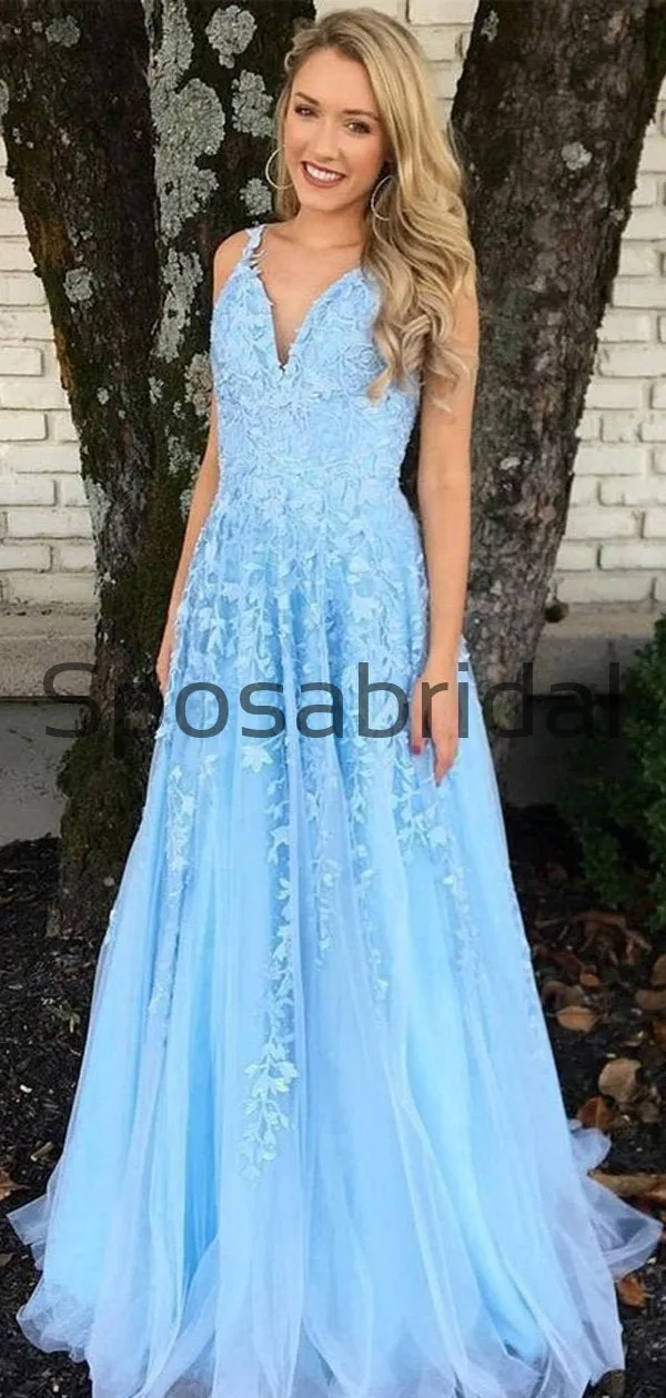 A-line Straps Blue Lace Long Elegant Modest Prom Dresses PD2263