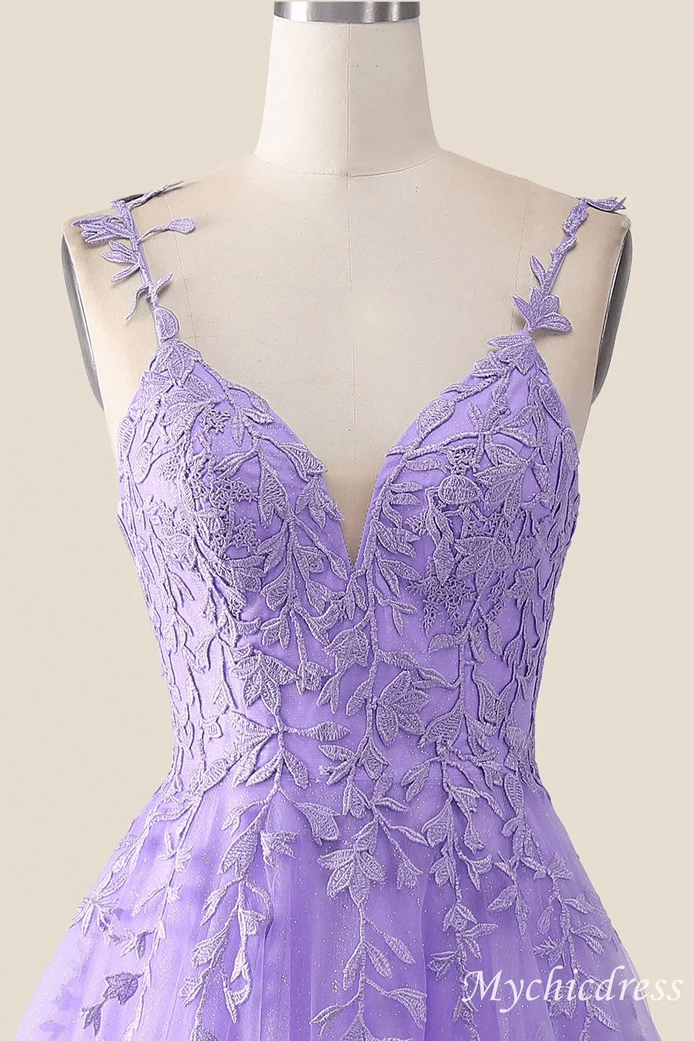 A-Line V Neck Formal Wedding Guest Dress Lavender Lace Long